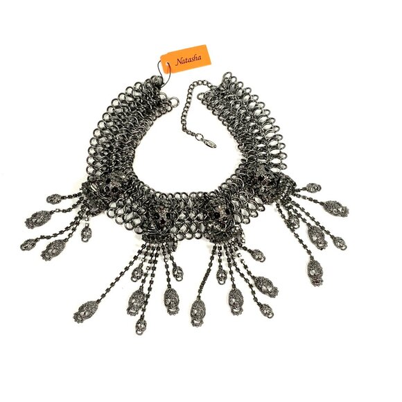 Natasha Gunmetal Pave Bib Statement Necklace Skulls Chainmail Choker Goth - Picture 14 of 17